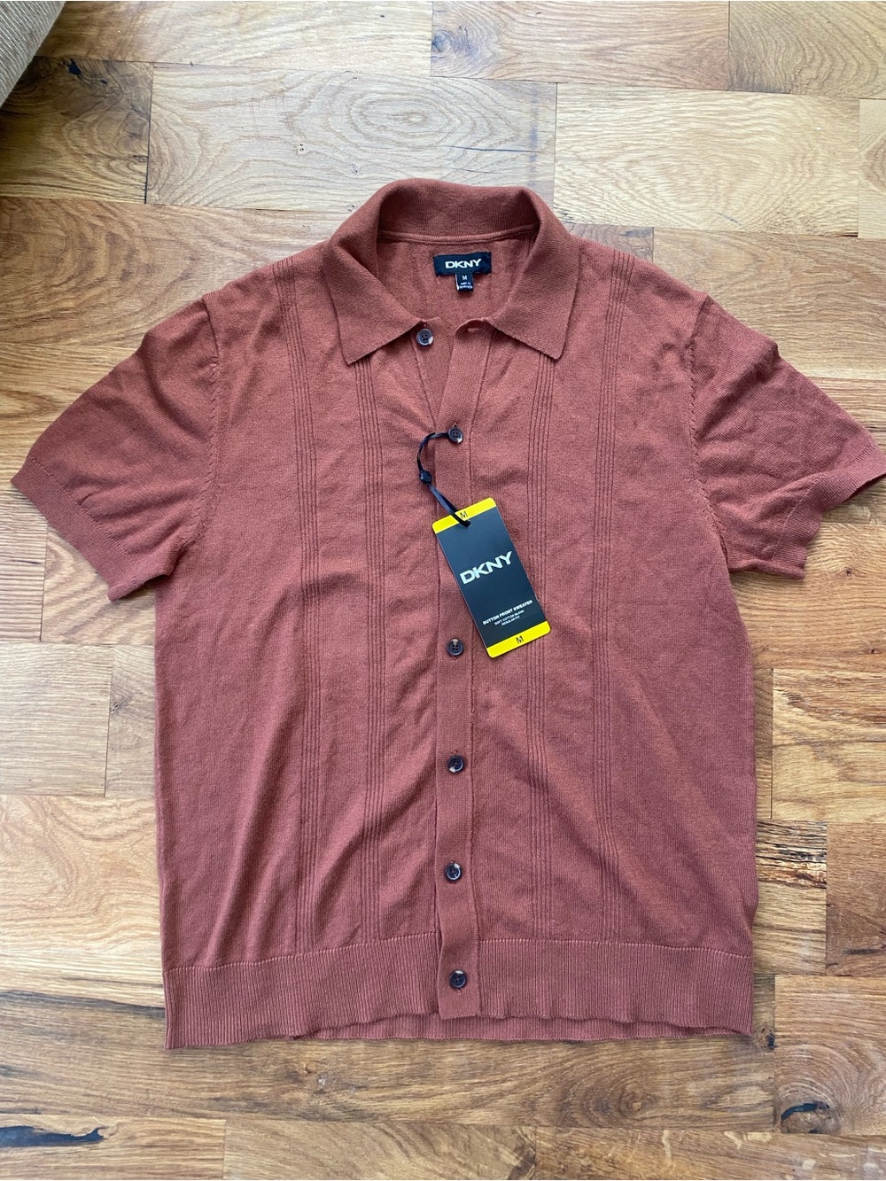 DKNY Men's Short-Sleeve Polo Button-Up in Rust Brown
